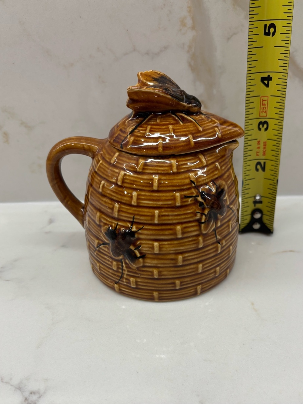 Vintage Brown Glazed Ceramic Honey Pot Bee Hive Jar Pot Raised Bees Cork and Lid - Picture 8 of 8
